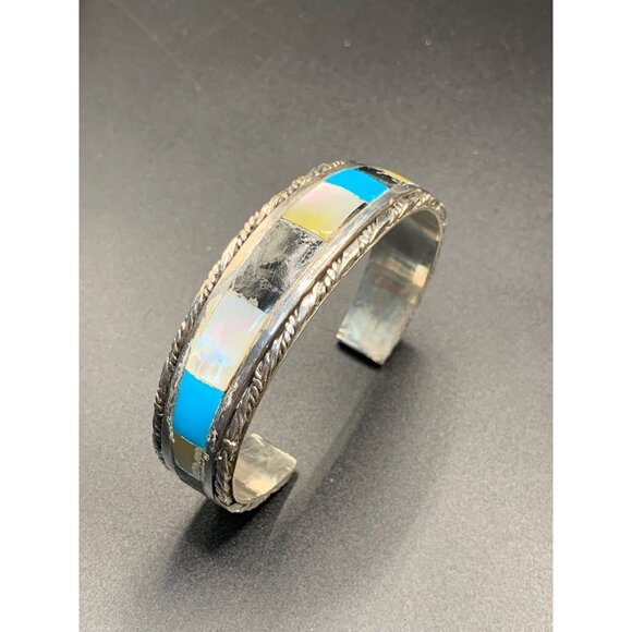 Signed JCS Sterling silver and stones inlay Cuff Bracelet turquoise shell Onyx h - Picture 2 of 7